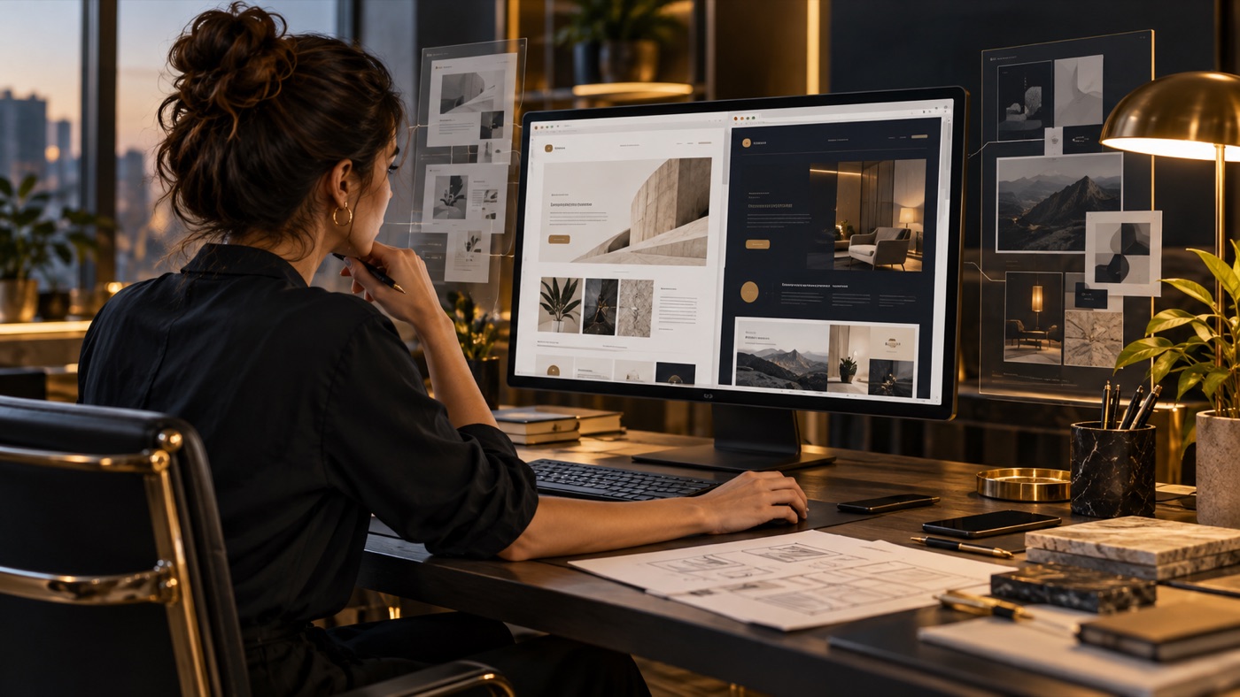 Profissional analisando o layout de um site em tela ampla