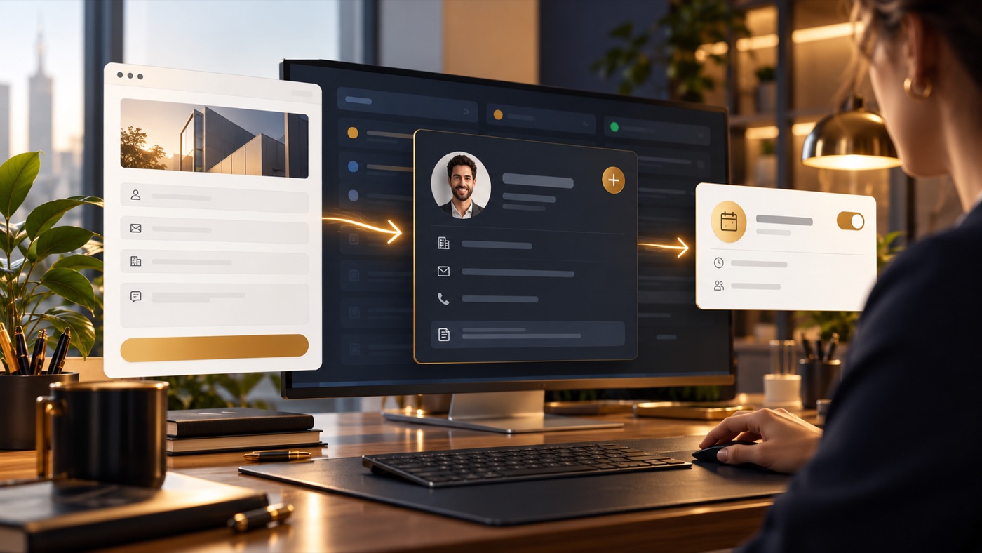 Fluxo visual entre formulário, cadastro de lead e lembrete comercial