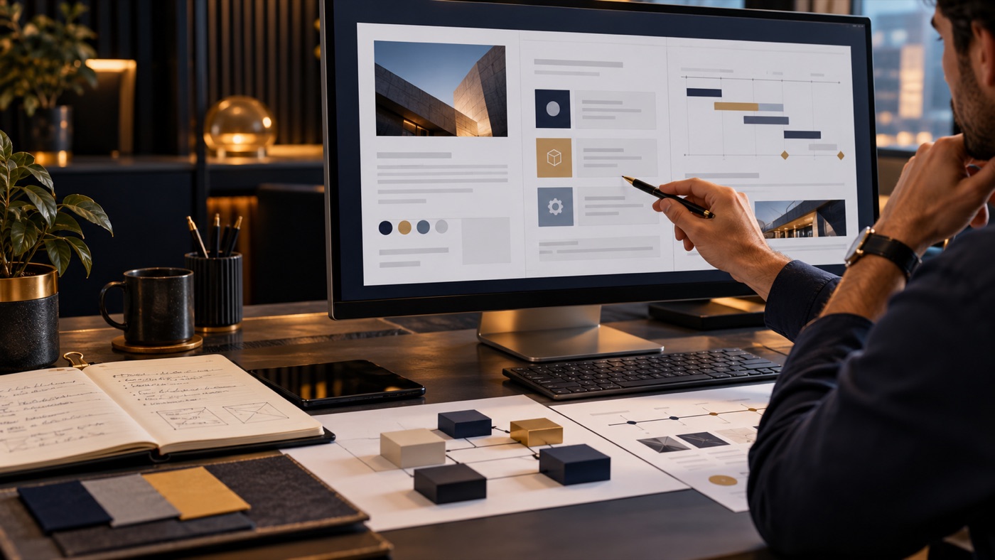 Painel conceitual com dados de briefing e fluxo de proposta