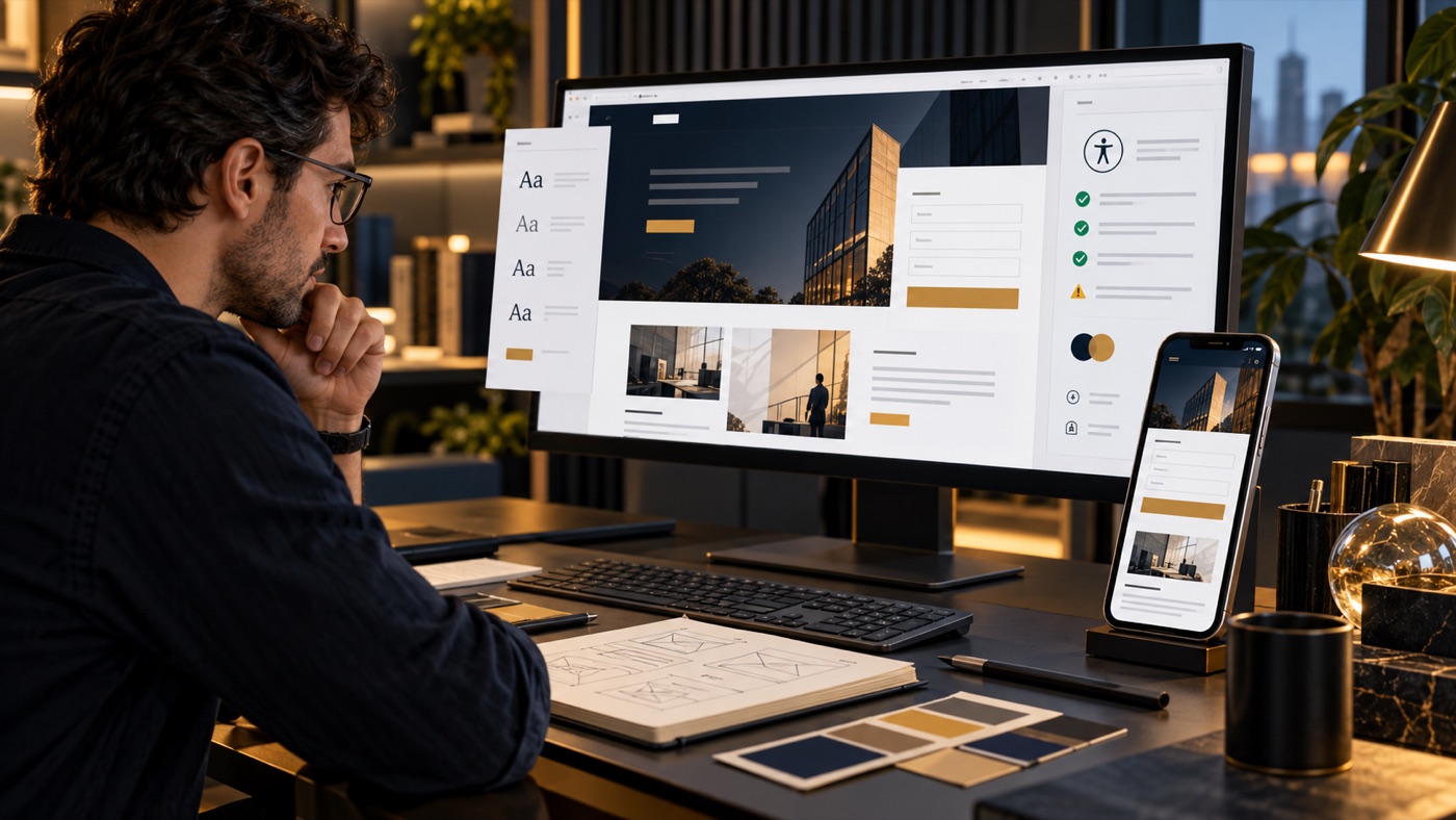 Profissional revisando o design de um site empresarial